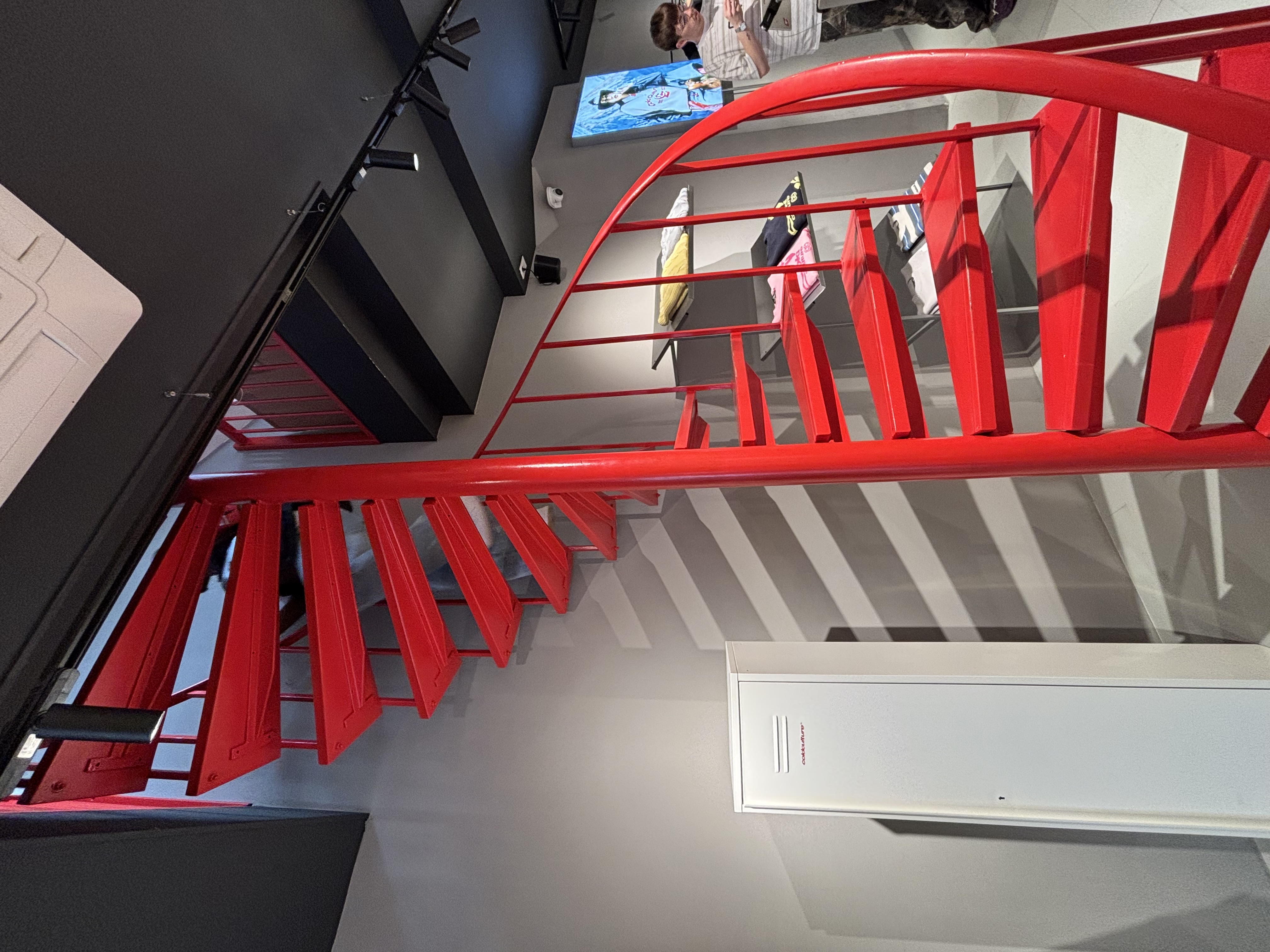 Red painted spiral staircase